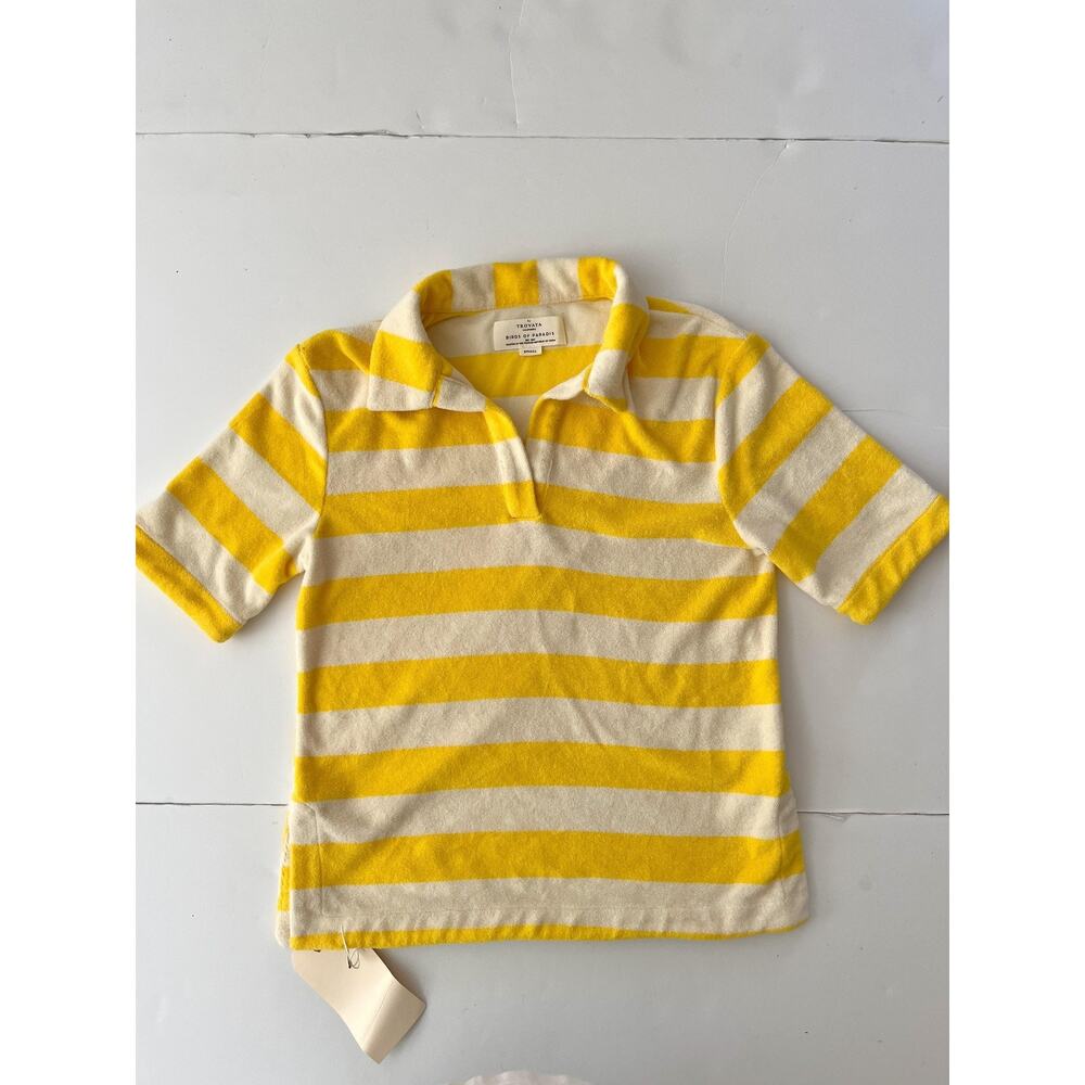 Trovata Birds Of Paradis Polo Shirt Womens Small Yellow Stripe Terry Cloth Top
